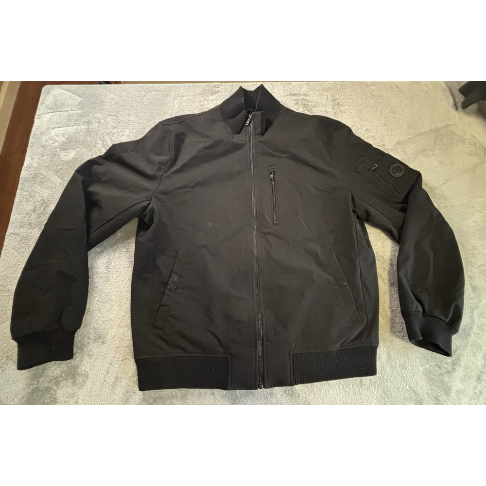 Michael Kors Men’s Bomber Jacket Black Size L Zip Up MK Patch Pocket Polyester